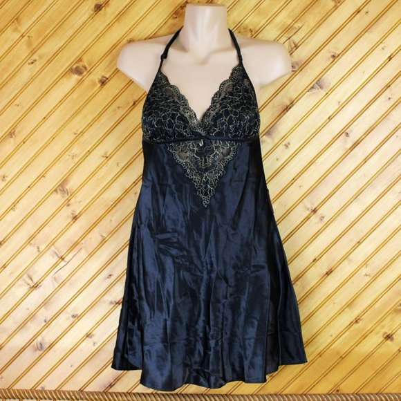 La Vie en Rose Black Satin Nightie Lace Metallic Gold Small New with Tags SW15 - Picture 10 of 10